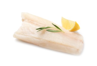 Piece of raw cod fish, rosemary and lemon isolated on white
