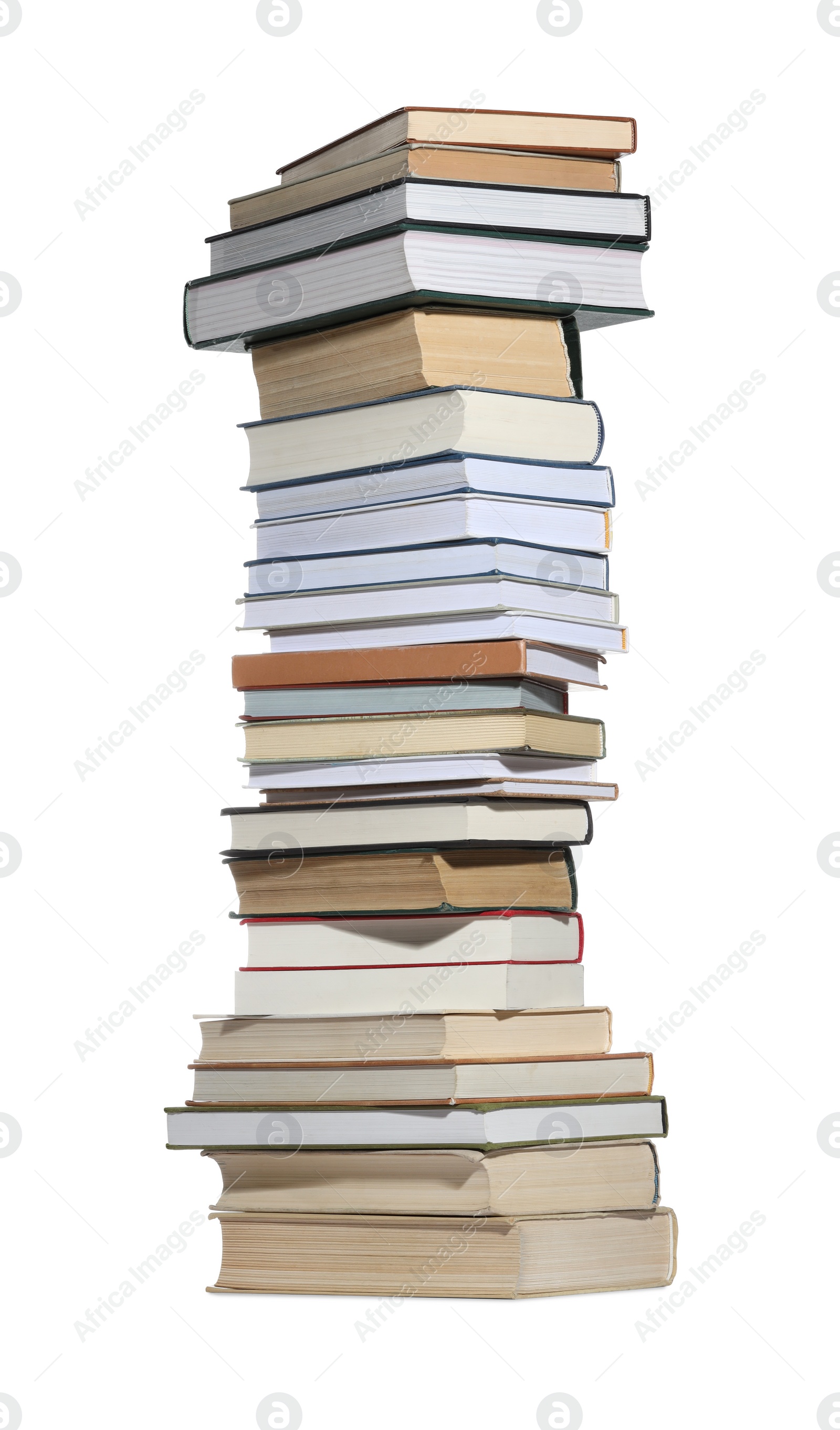 Photo of High stack of many different books isolated on white