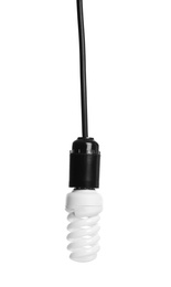 Photo of New spiral light bulb for lamp on white background