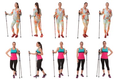 Sporty woman with Nordic walking poles on white background, collage with photos