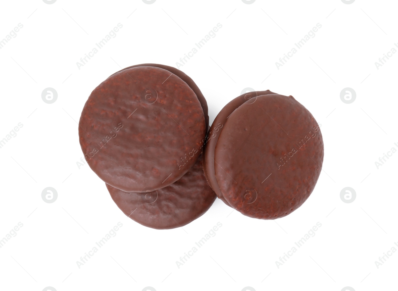 Photo of Tasty choco pies isolated on white, top view