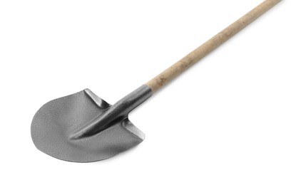Photo of One new shovel with wooden handle isolated on white. Gardening tool