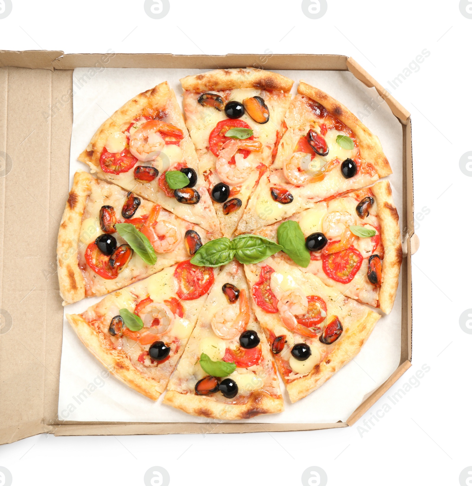 Photo of Tasty pizza with seafood in cardboard box isolated on white, top view