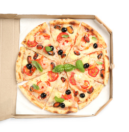 Photo of Tasty pizza with seafood in cardboard box isolated on white, top view