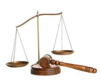 Photo of Wooden gavel and scales of justice on white background