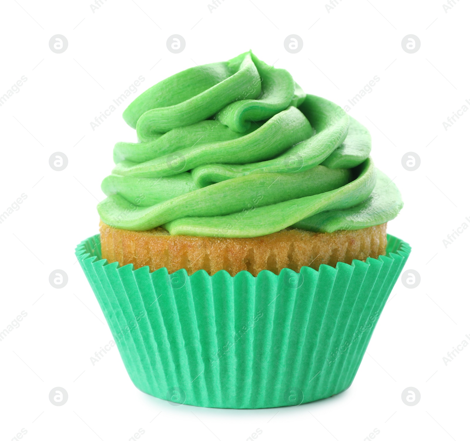 Photo of Delicious birthday cupcake decorated with green cream isolated on white