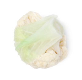 Photo of Cut fresh raw cauliflower on white background, top view