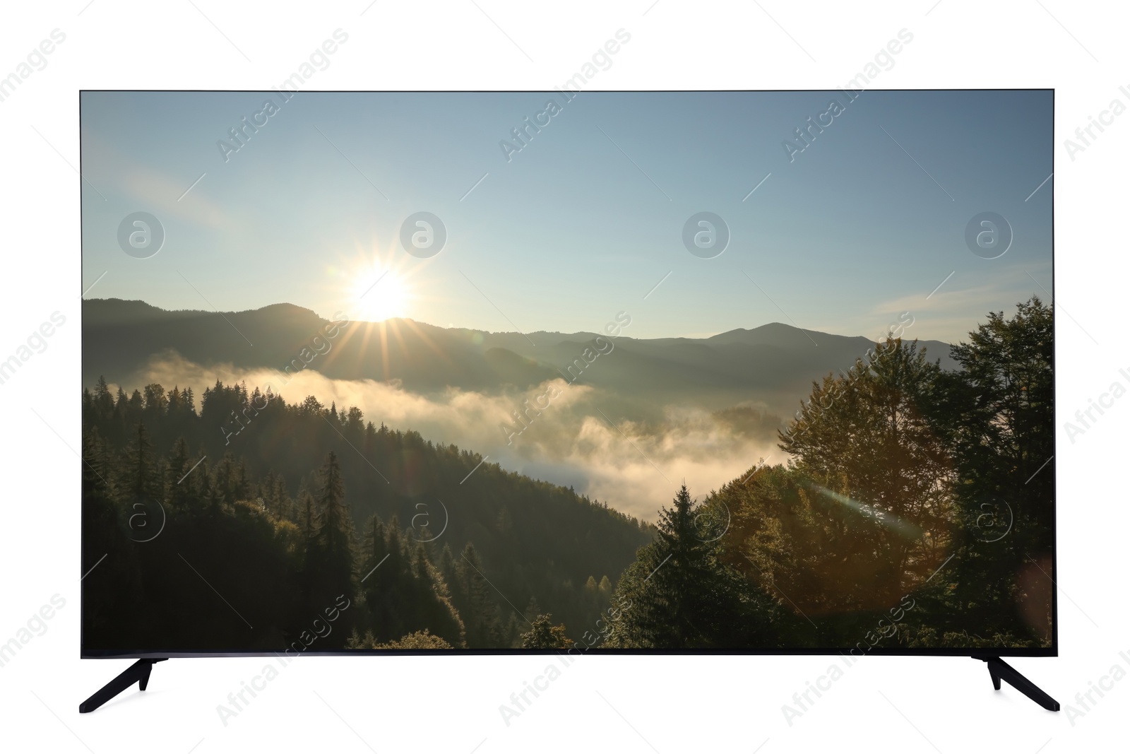 Image of Modern wide screen TV monitor showing beautiful mountain landscape isolated on white