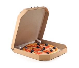 Open cardboard box with delicious pizza on white background. Food delivery