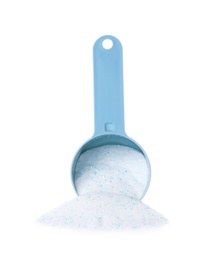 Photo of Measuring scoop with laundry detergent on white background