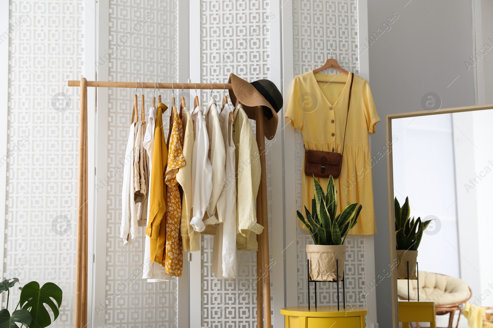 Photo of Rack with stylish women's clothes and mirror indoors. Interior design