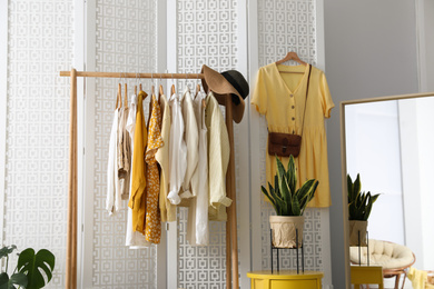 Rack with stylish women's clothes and mirror indoors. Interior design