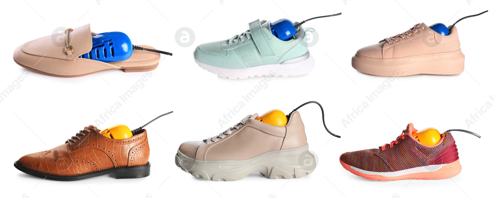 Image of DIfferent stylish footwear with electric shoe dryers on white background, collage. Banner design