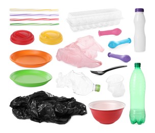 Image of Set with different plastic items on white background