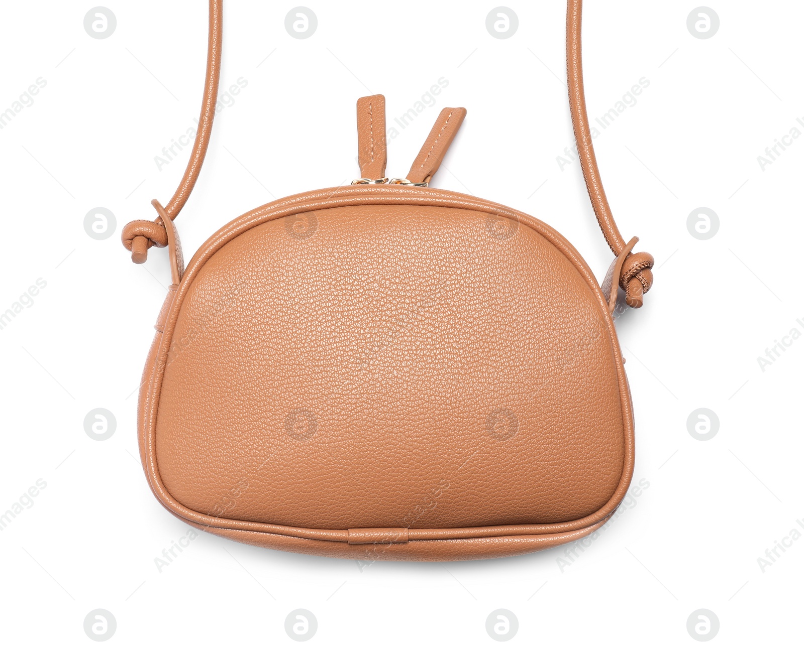 Photo of Stylish light brown leather handbag isolated on white, top view