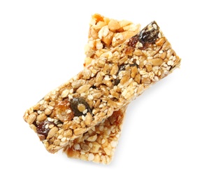 Different grain cereal bars on white background. Healthy snack