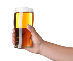 Man holding glass with beer on white background, closeup