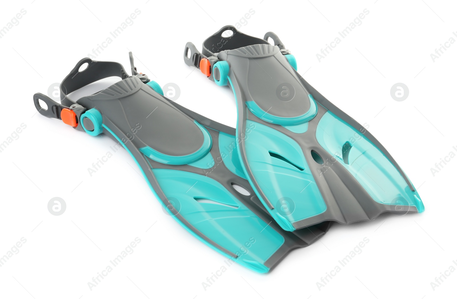 Photo of Pair of turquoise flippers on white background