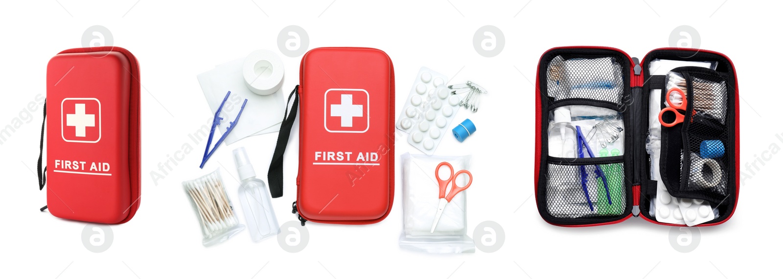 Image of Collage with first aid kit on white background, top and side views