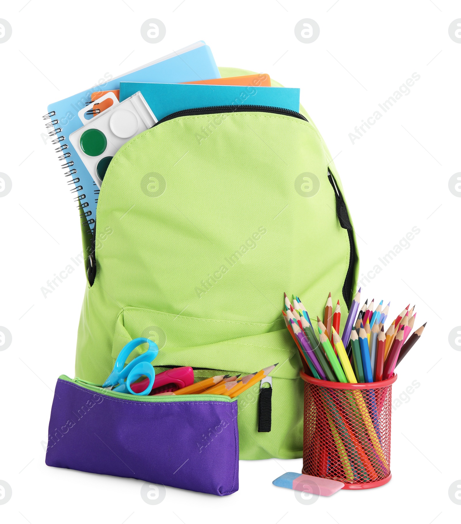 Photo of Many different school stationery and backpack isolated on white