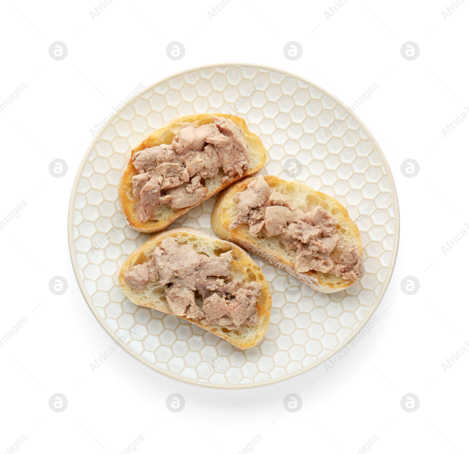 Photo of Tasty sandwiches with cod liver isolated on white, top view