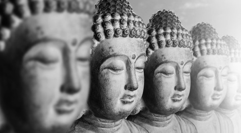 Image of Row of stone Buddha sculptures, banner design. World religion