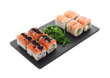 Photo of Delicious sushi rolls and chuka on white background