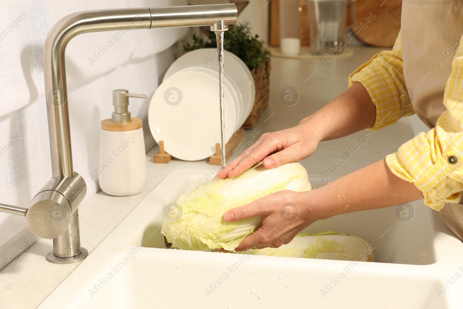 Photo of Woman washing fresh chinese cabbage under tap water in kitchen sink, closeup