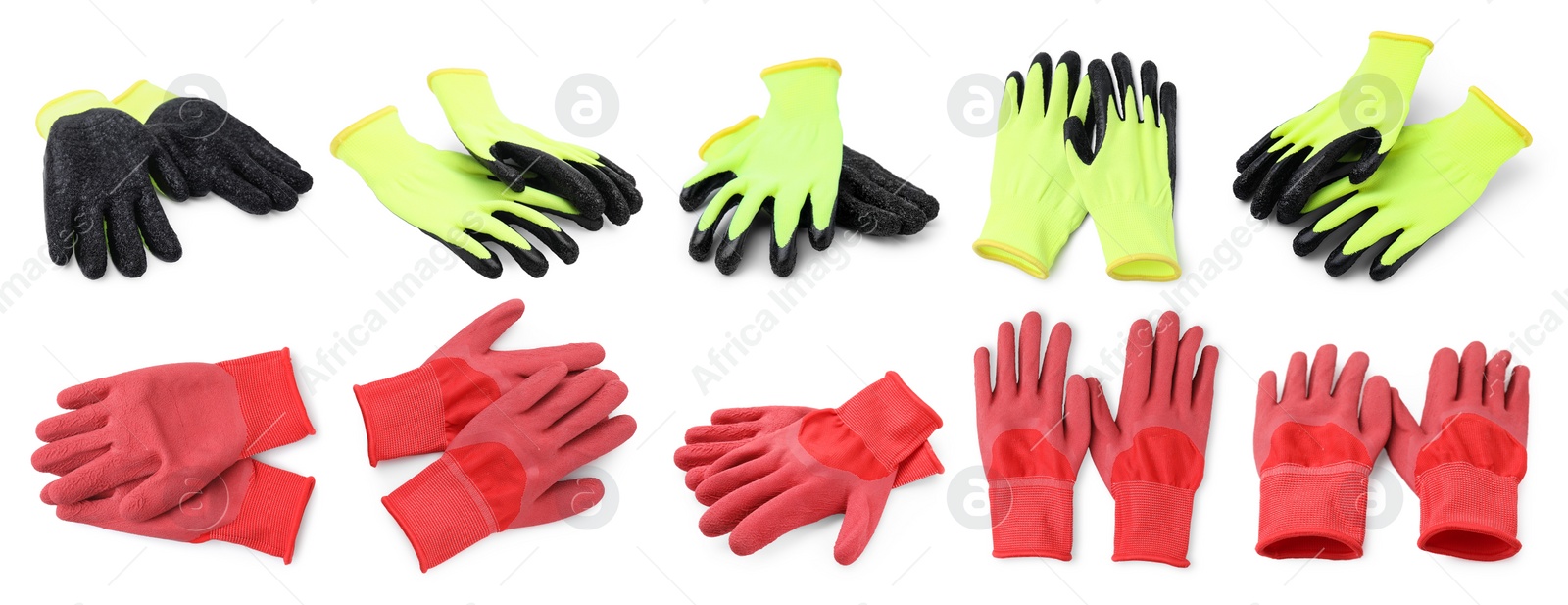 Image of Different gardening gloves isolated on white, set