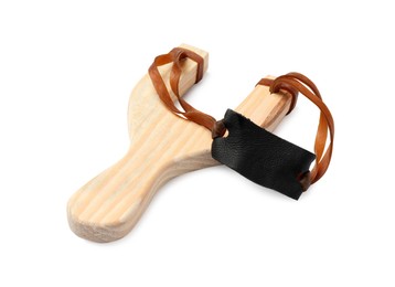 Photo of One wooden slingshot with leather pouch isolated on white