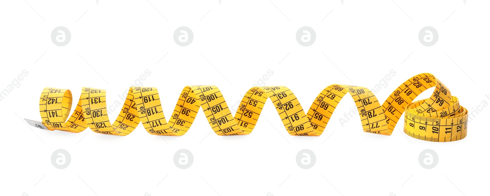 Photo of Long yellow measuring tape isolated on white