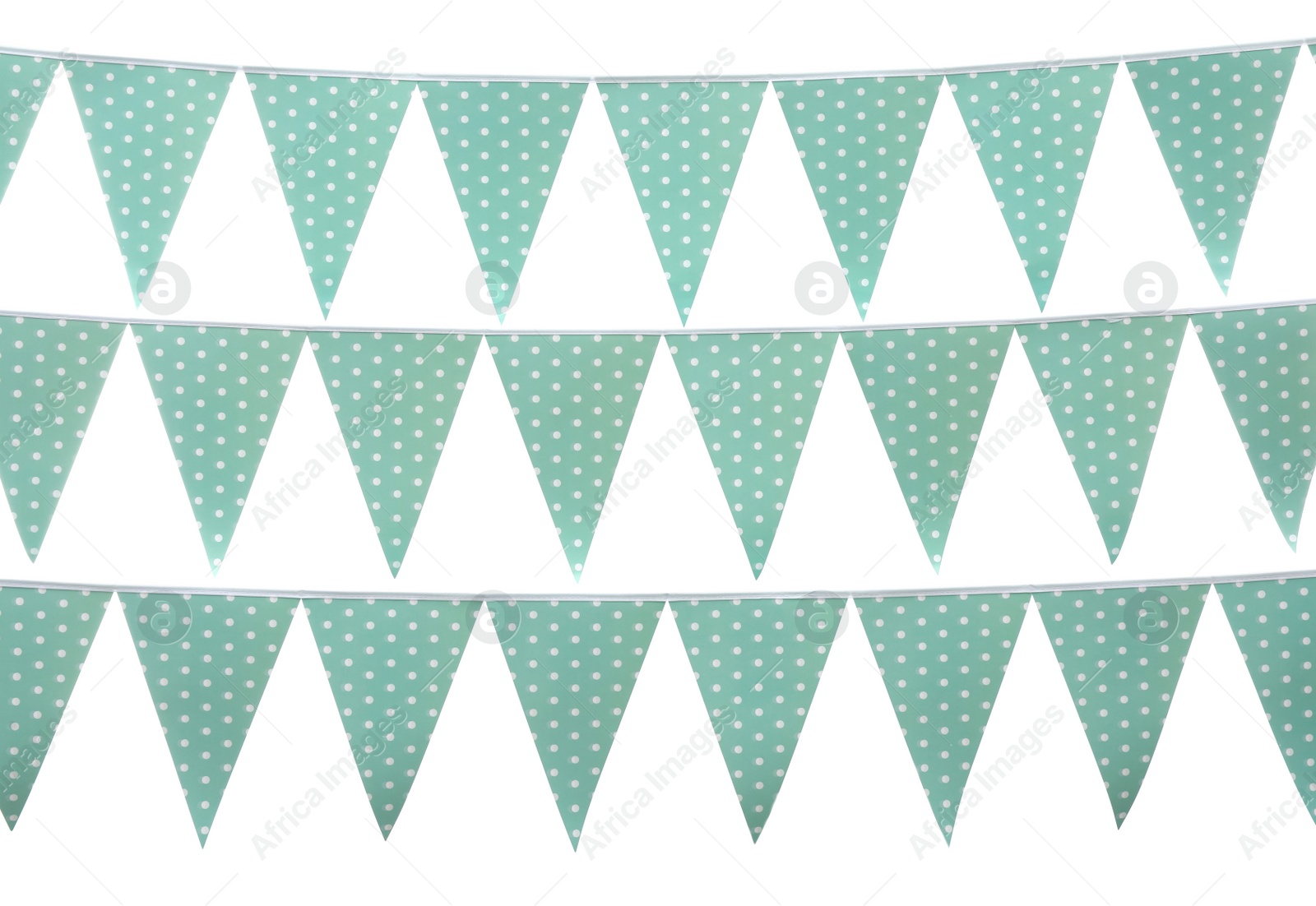 Photo of Rows of triangular bunting flags on white background. Festive decor