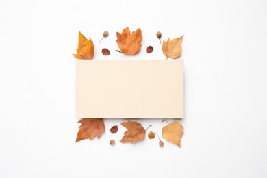 Flat lay composition with autumn leaves and blank card on white background, space for text