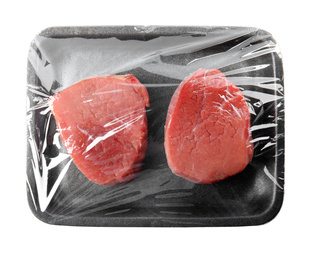 Photo of Fresh raw beef cut in plastic container isolated on white, top view