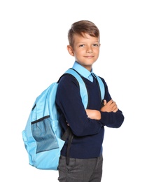 Little boy in stylish school uniform on white background