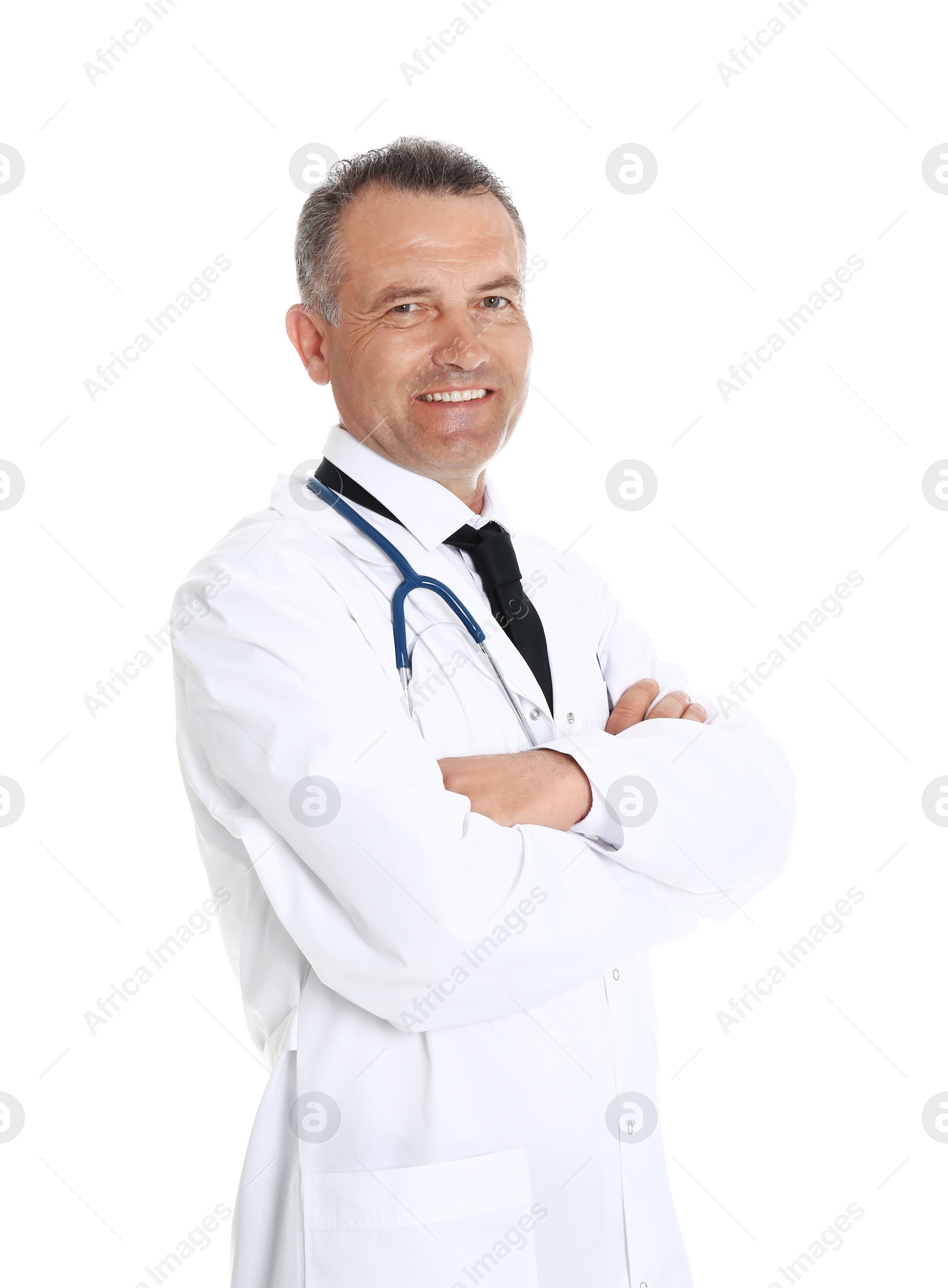 Photo of Portrait of experienced doctor in uniform on white background. Medical service