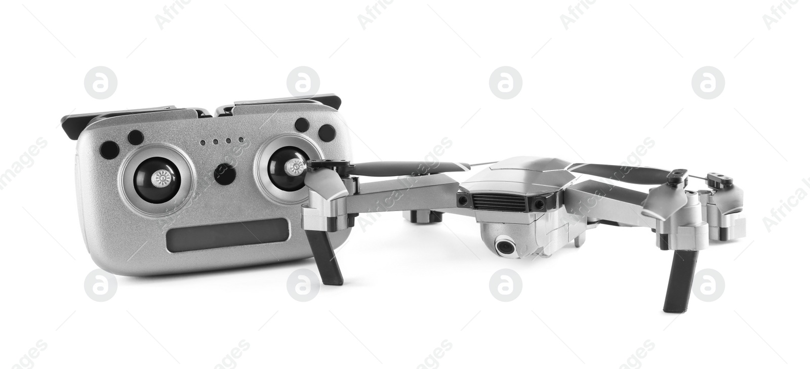 Photo of Modern drone with controller isolated on white