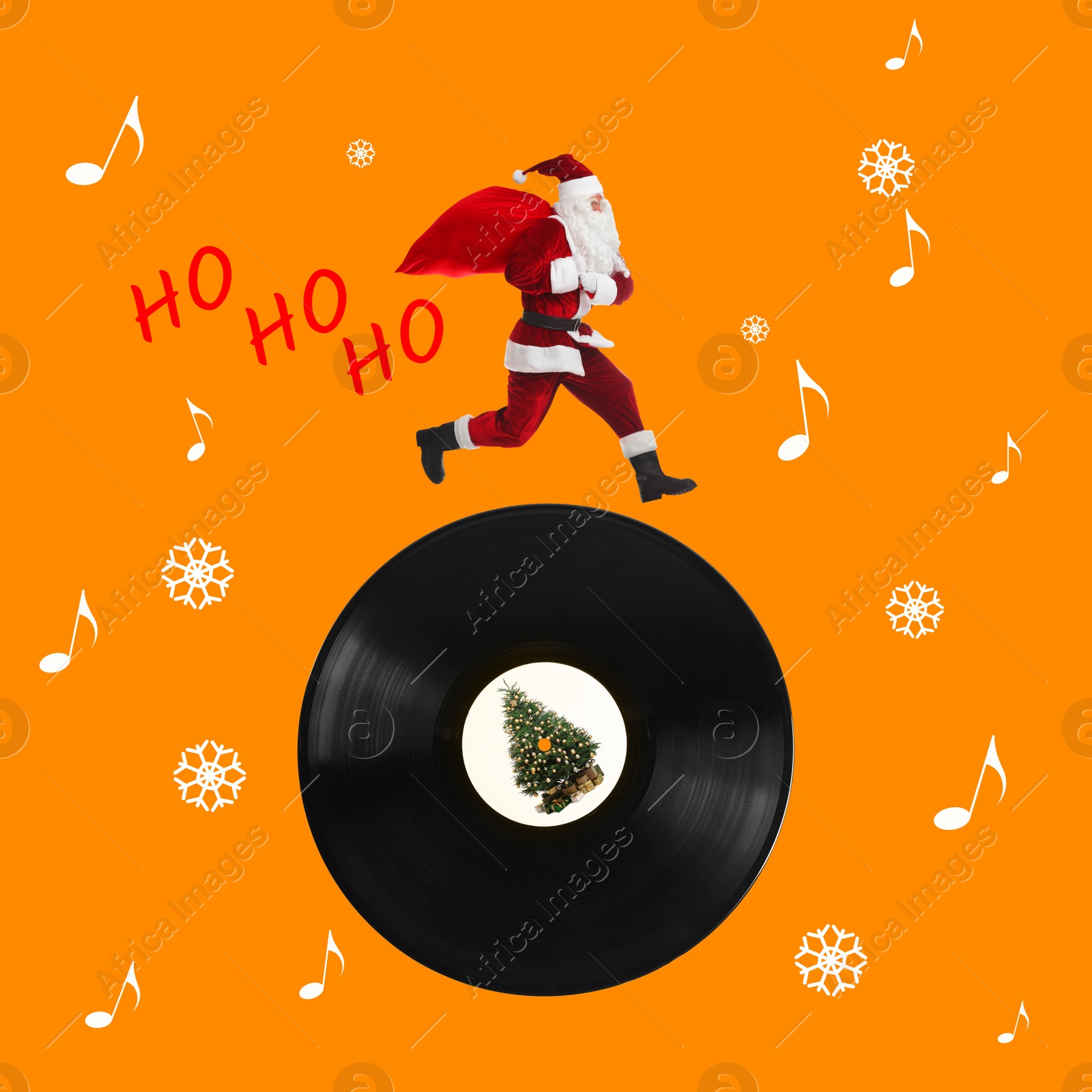 Image of Winter holidays bright artwork. Creative collage with Santa Claus running on vinyl record against orange background