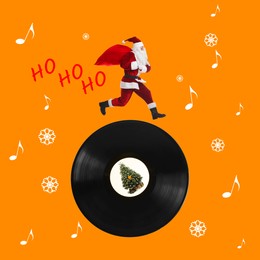 Winter holidays bright artwork. Creative collage with Santa Claus running on vinyl record against orange background