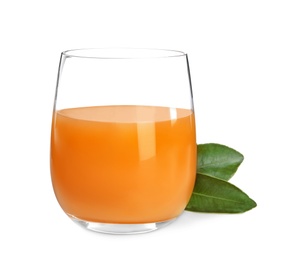 Photo of Glass of orange juice on white background