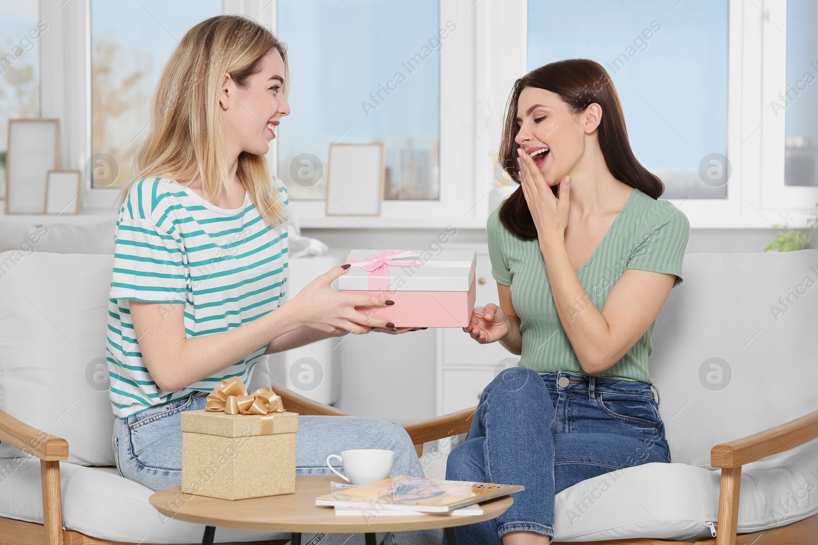 Photo of Smiling young woman presenting gift to her friend at home