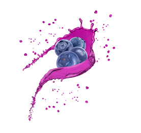 Delicious ripe blueberries and splashes of juice on white background