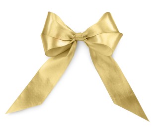 Photo of Beautiful golden ribbon tied in bow isolated on white, top view