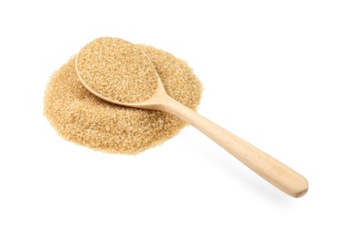 Photo of Pile of brown sugar and wooden spoon isolated on white