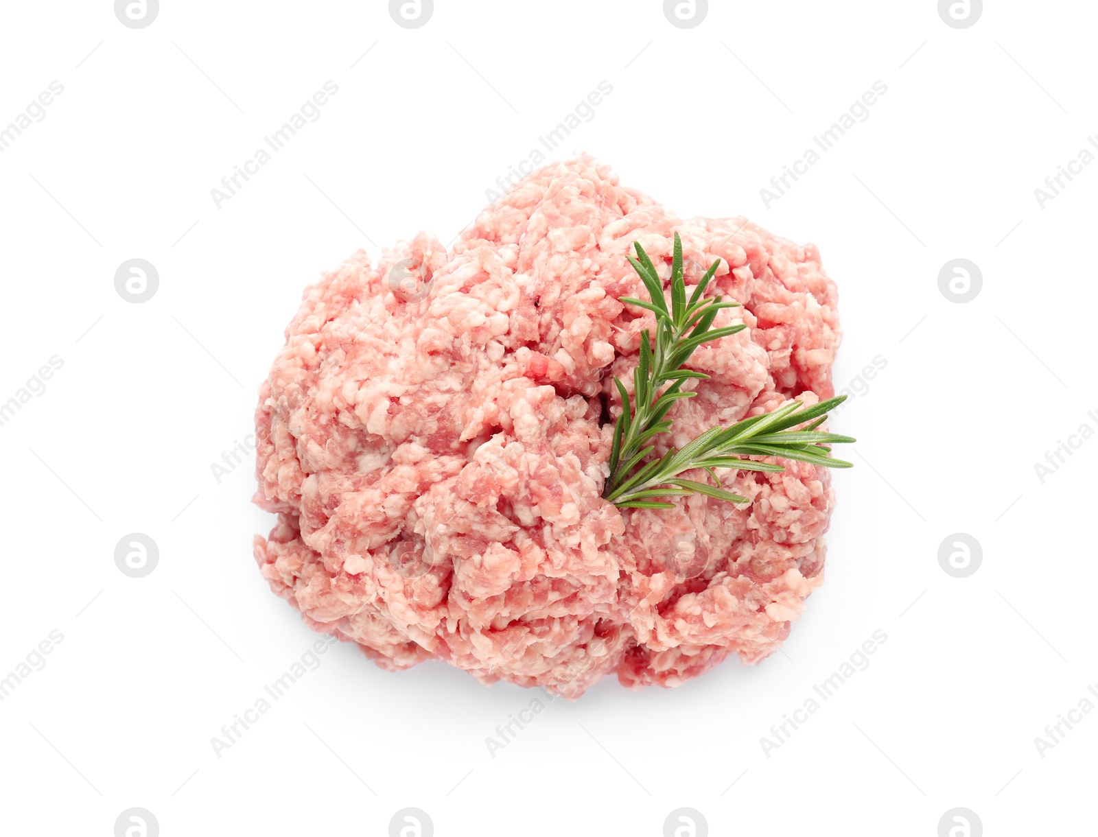 Photo of Raw fresh minced meat with rosemary isolated on white, top view
