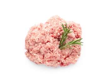 Raw fresh minced meat with rosemary isolated on white, top view