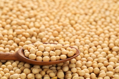 Photo of Soy with wooden spoon, closeup. Space for text