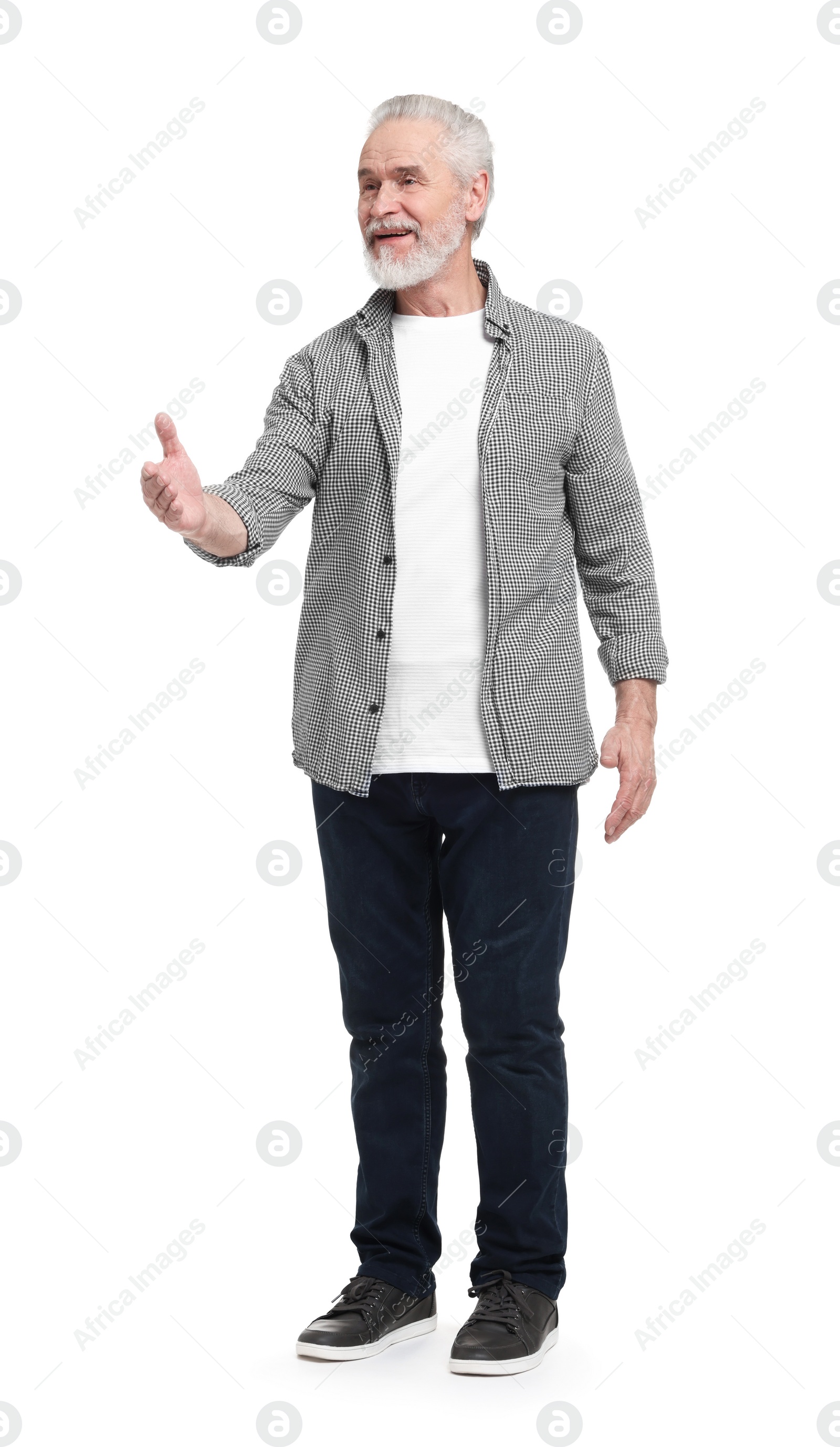 Photo of Senior man greeting someone on white background