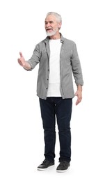 Senior man greeting someone on white background