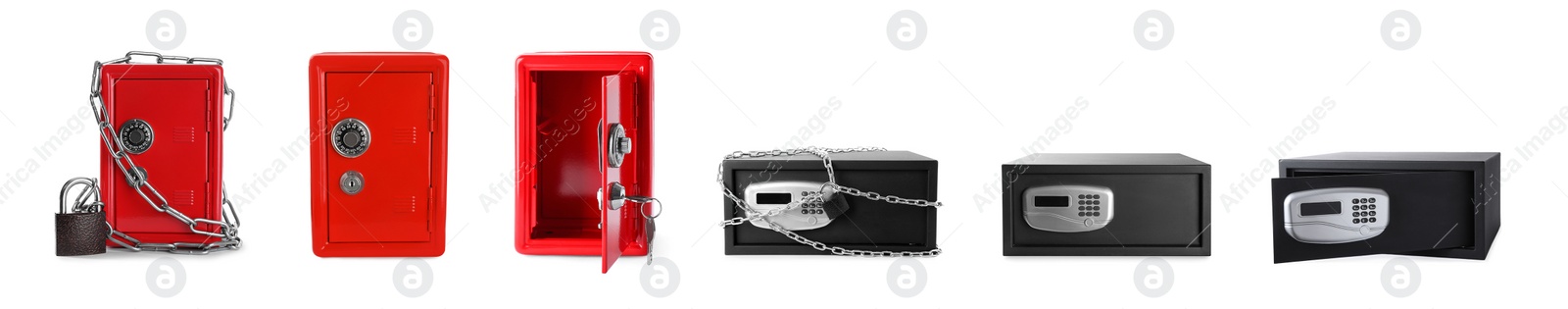 Image of Set of steel safes on white background. Banner design 